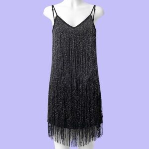 Flapper Girl Black & Silver Fringe Dress